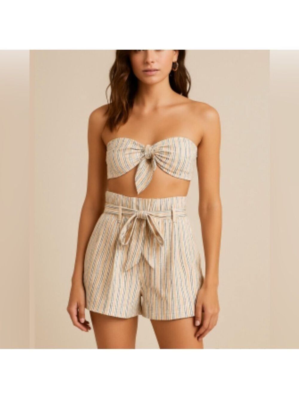 Olivaceous linen two piece Striped belted shorts and strapless crop top set M
